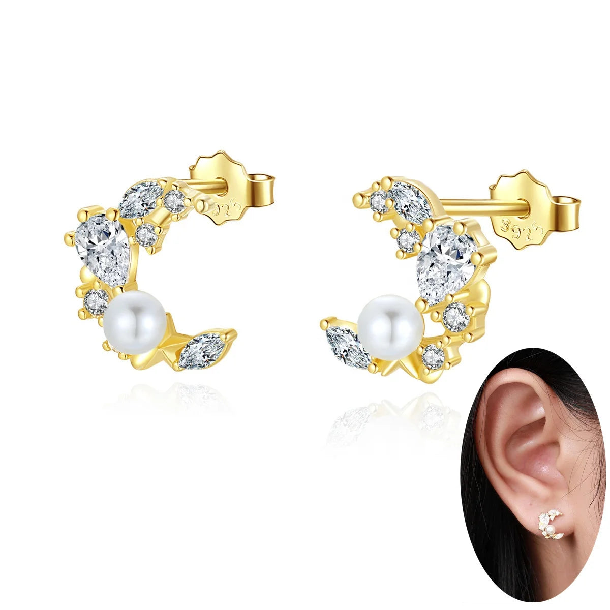 Exquisite Wholesale NEW Gold Plated Moon Stud Earring 925 Sterling Silver Cubic Zirconia Crescent Pearl Earrings Glitter Studs