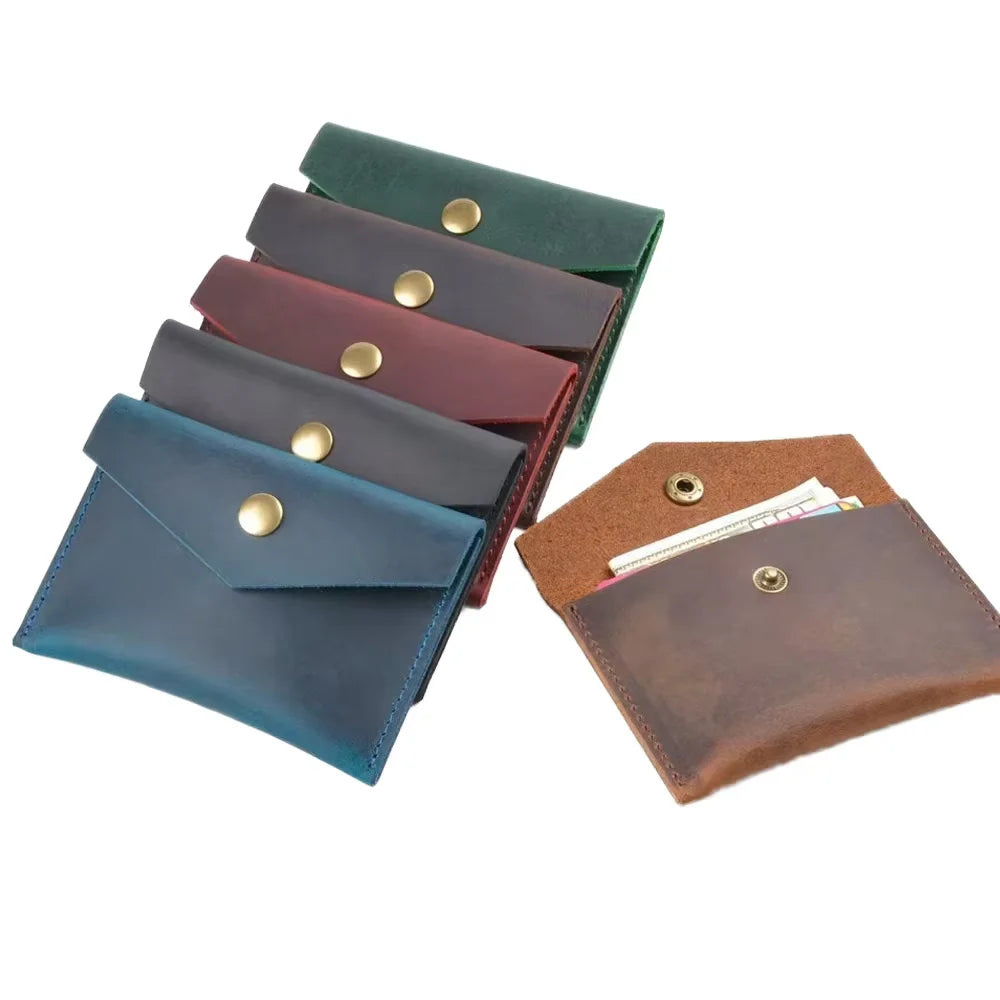 Vintage Custom Classic Genuine Leather Key Holder Wallet Slim Envelope Design Coin Pouch Purse Credit Cards Button Closure 10mm