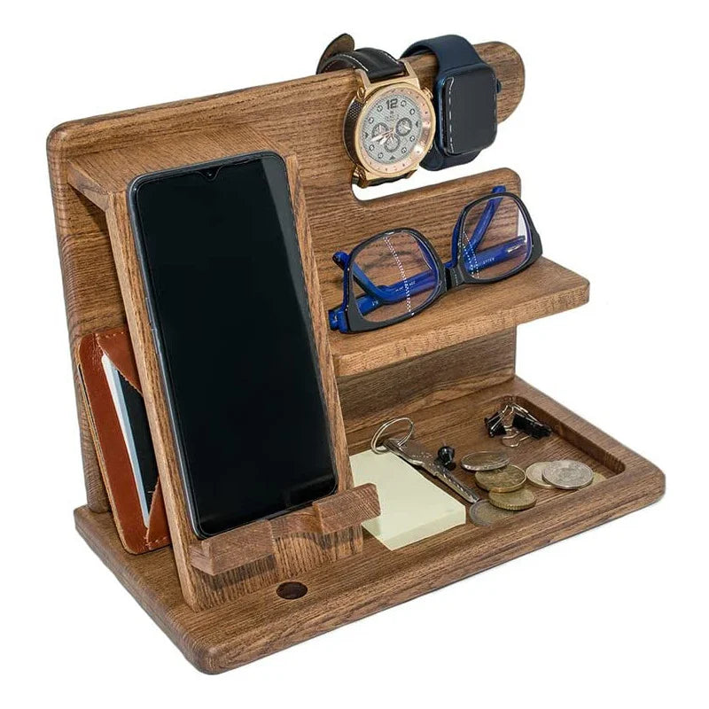 Tailai Customized Wood Phone Docking Station Key Holder Wallet Watch Organizer Stand Watch Stand Display for Promotional Gift