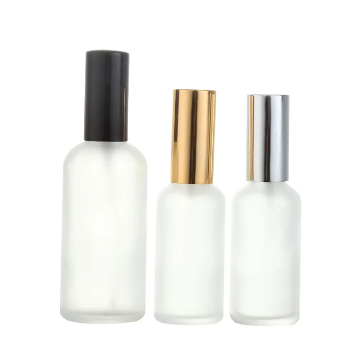 Factory Sale Gold Silver Black Pump Spray Top 30ml 50ml 100ml Empty Frosted Matte Cosmetic Glass Essential Oil Bottle