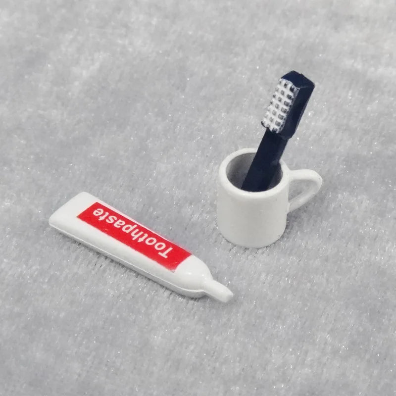 Kawaii Miniature Dollhouse Toothbrush and Paste Set DIY Metal Model Toy with Mini Cups for Dolls