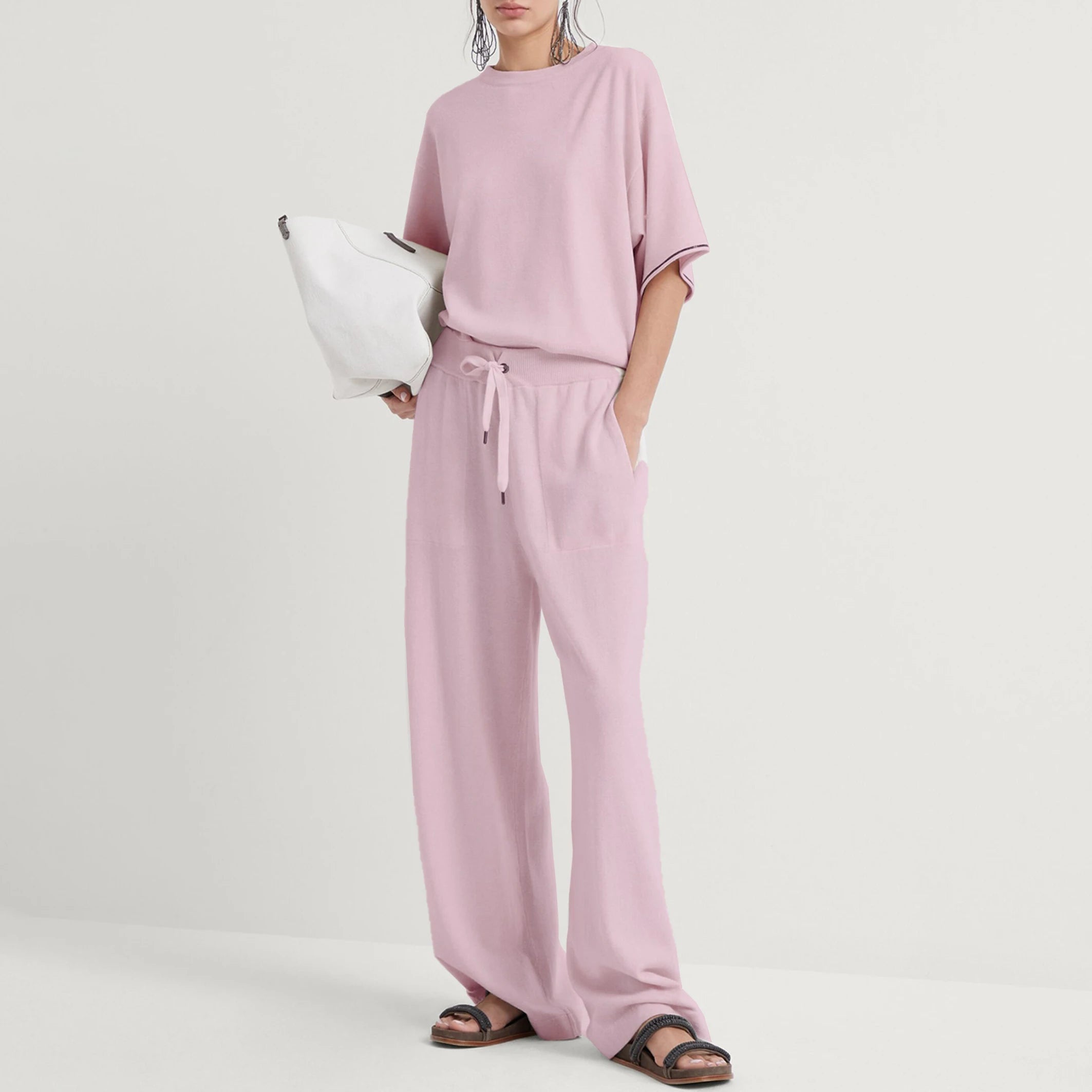 Autumn and Winter Knit Set Women's New Loose Pullover Solid Short Sleeve Sweater Casual Wide Leg Pants Comfortable Sweater Set