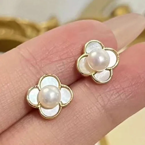 Natural Seawater Shell Inlaid Four Leaf Grass Stud Earrings AAAAA Grade White Pearl Gold Plated Brass Trendy Women's Jewelry