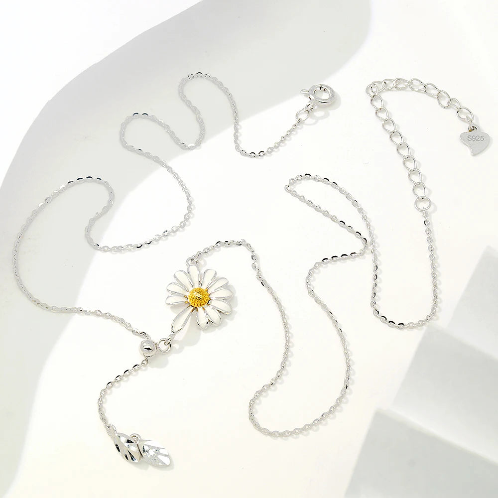 Zircon Leaf Flower Pendant Necklace Jewelry Lariat White Enamel Daisy Flower Adjustable Choker Necklace