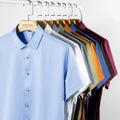 RNSHANGER Summer Men Shirt Casual Short Sleeve Solid Elastic Business Men Dress Shirts No Pocket Stretch Loose Male Shirts