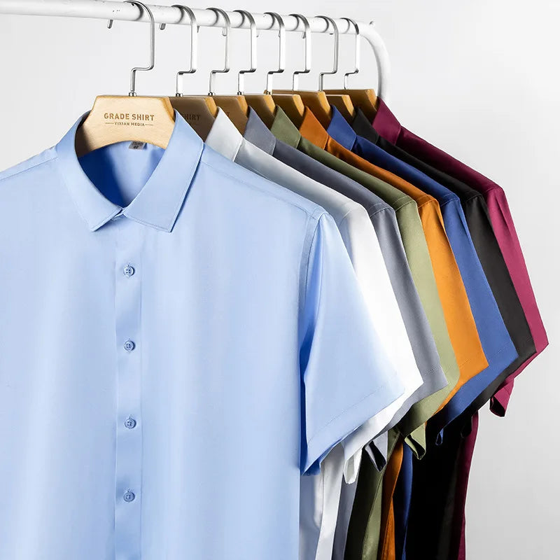 RNSHANGER Summer Men Shirt Casual Short Sleeve Solid Elastic Business Men Dress Shirts No Pocket Stretch Loose Male Shirts