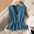 Spring Autumn Women Gilet New Cashmere V-neck Pullover Solid Knit Vest Sleeveless Drawstring Waist Korean Soft Vest Coat