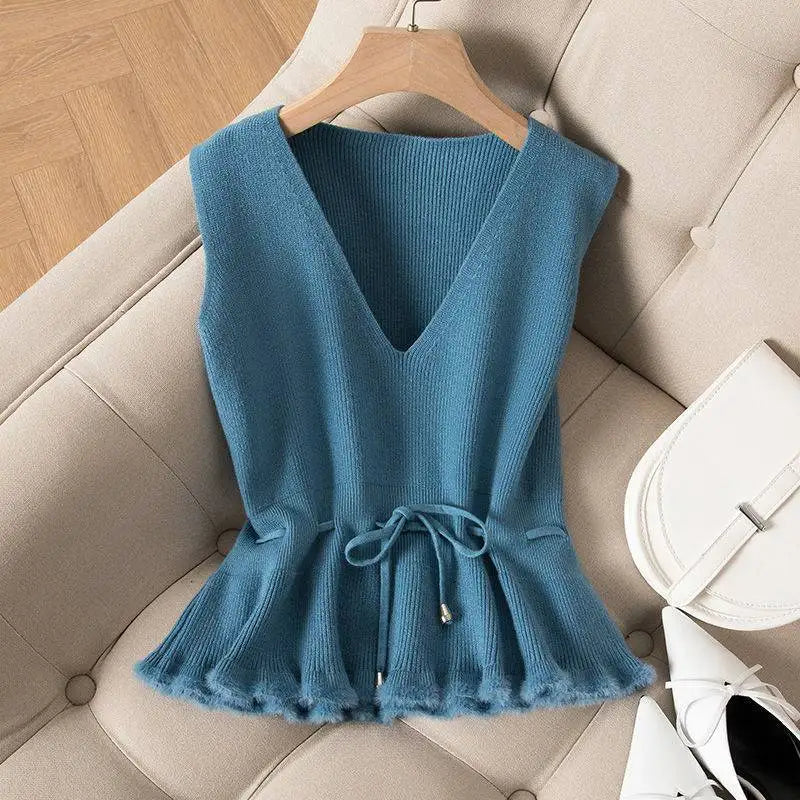 Spring Autumn Women Gilet New Cashmere V-neck Pullover Solid Knit Vest Sleeveless Drawstring Waist Korean Soft Vest Coat