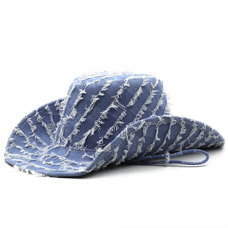 Unisex Retro American Blue Western Cowboy Hat Sun Protection Brim Summer Travel Shade for Adults Outdoor Sports & Party Scene
