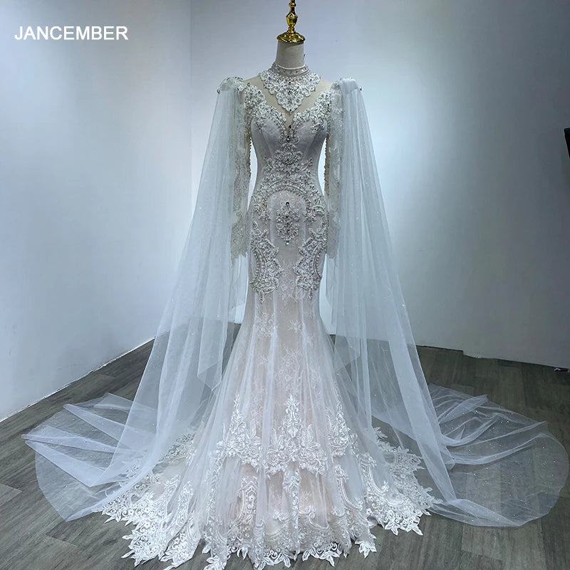 Arabic Dubai Lace Mermaid Wedding Dresses High Neck Long Sleeves Plus Size Wedding Bridal Gowns WM12