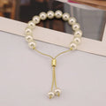 BB1047 18K Gold Plated Faux Pearl and Gold Beaded Slider Chain Bracelet with Bolo Chain Sliding Stopper Adjustable Bracelet