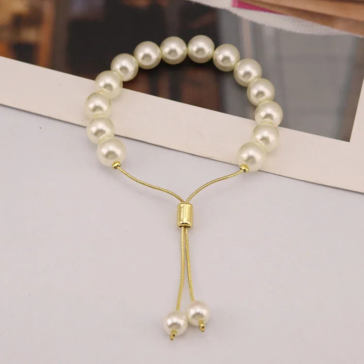 BB1047 18K Gold Plated Faux Pearl and Gold Beaded Slider Chain Bracelet with Bolo Chain Sliding Stopper Adjustable Bracelet