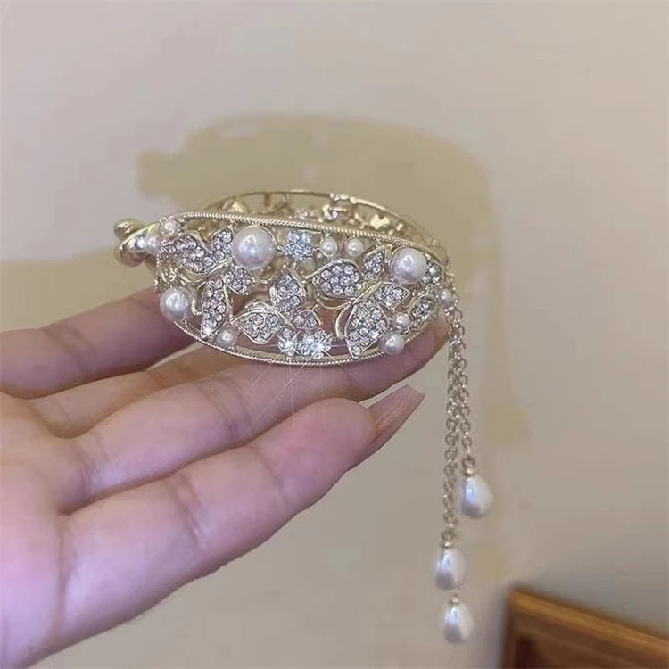 Crystal Rhinestone Tassel Hair Claw Clip Ponytail Button Meatball Head Plate Hair Clip for Women's Head Hairpin
