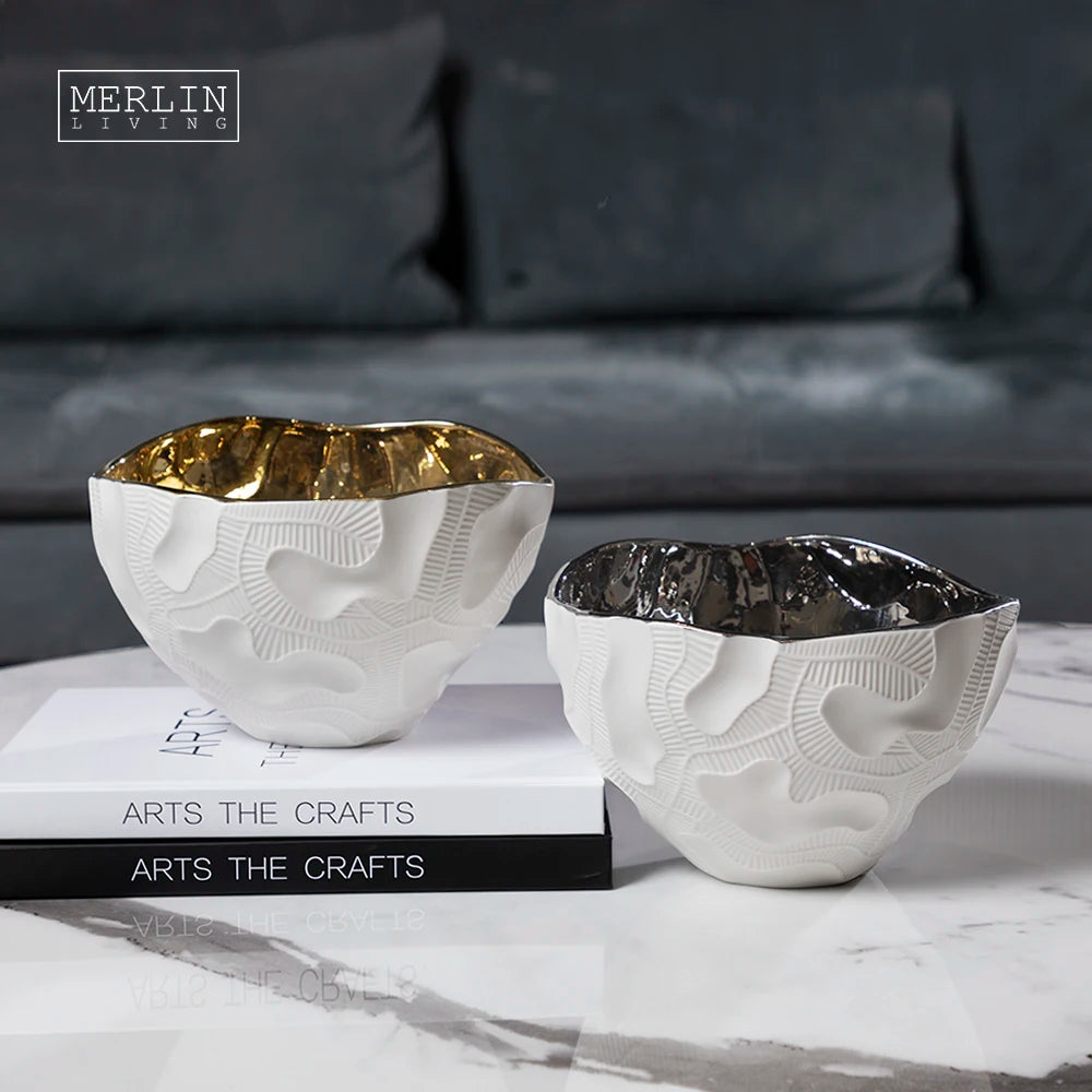 Merlin Living Nordic Matte Bowl Glaze Electroplated Gold Silver Luxury Tableware Ceramic Dinnerware  With Metal Home Decor