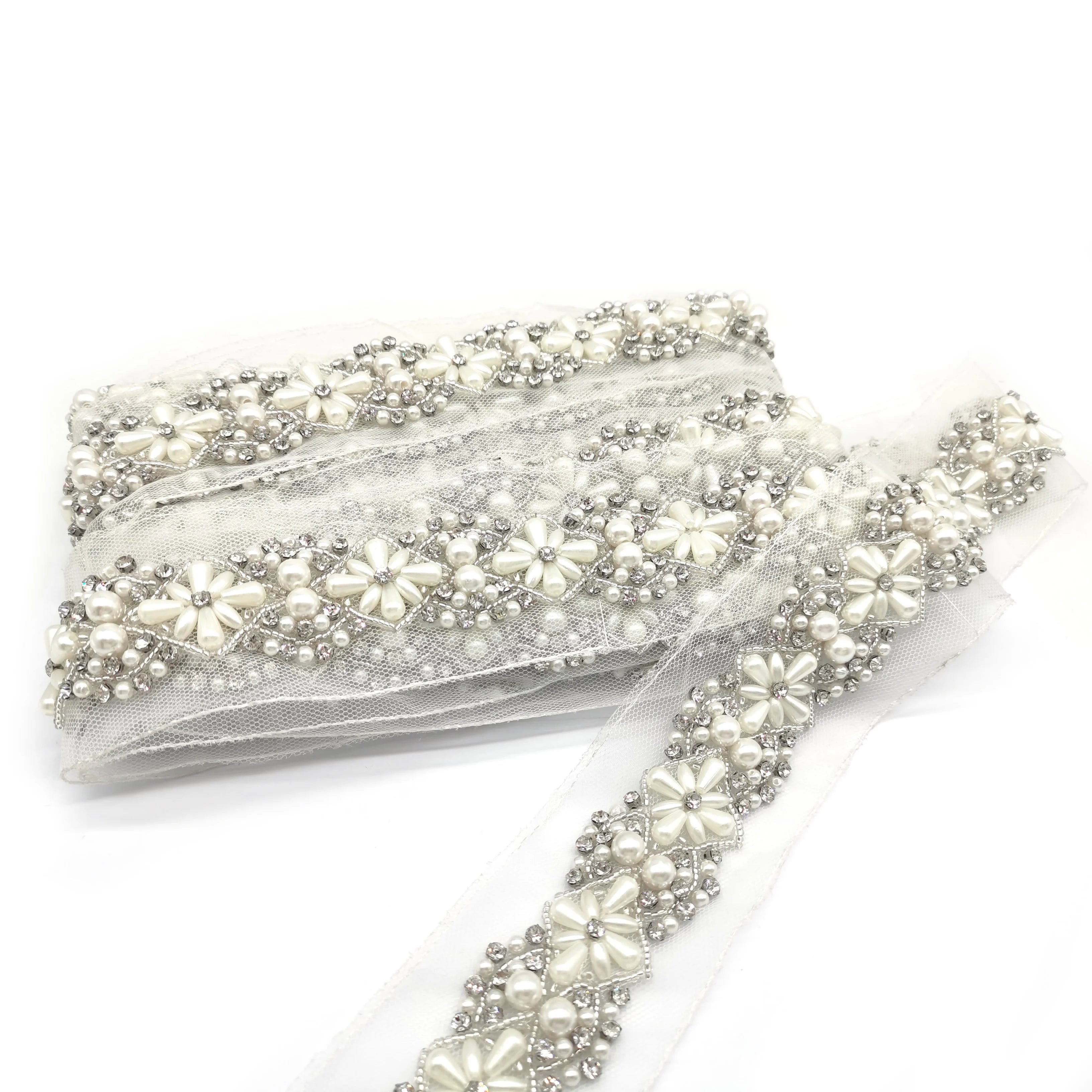 Wholesale Stock Pearl Rhinestone Applique Sew on Wedding Bridal Sash Belt for Wedding Bridal Dress Decoration