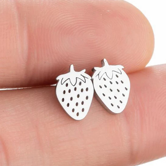 Cute 18K Gold Silver Rose Plated Stainless Steel Charm Strawberry Stud Earring for Women