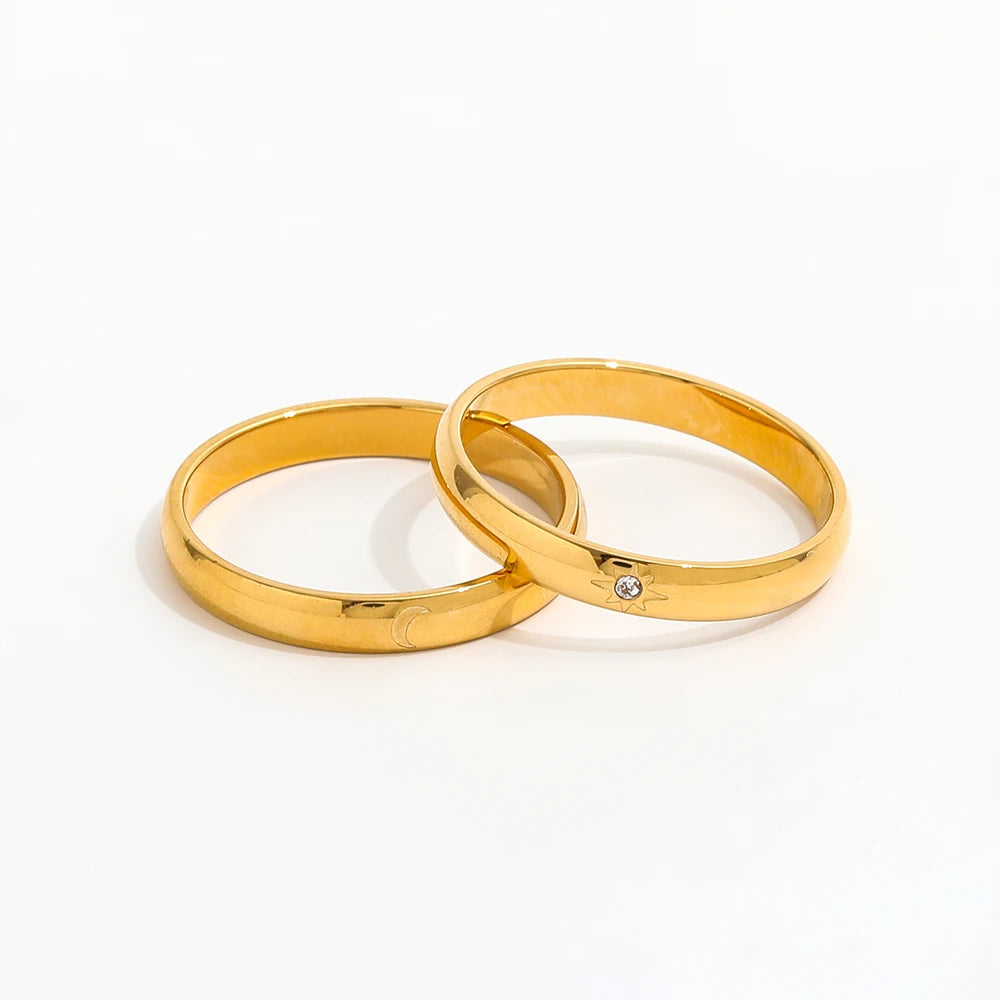 Joolim Jewelry's Wholesale 18K Gold Plated Stainless Steel Narrow Band Ring Waterproof Moon Star Zirconia Women's Party Gift
