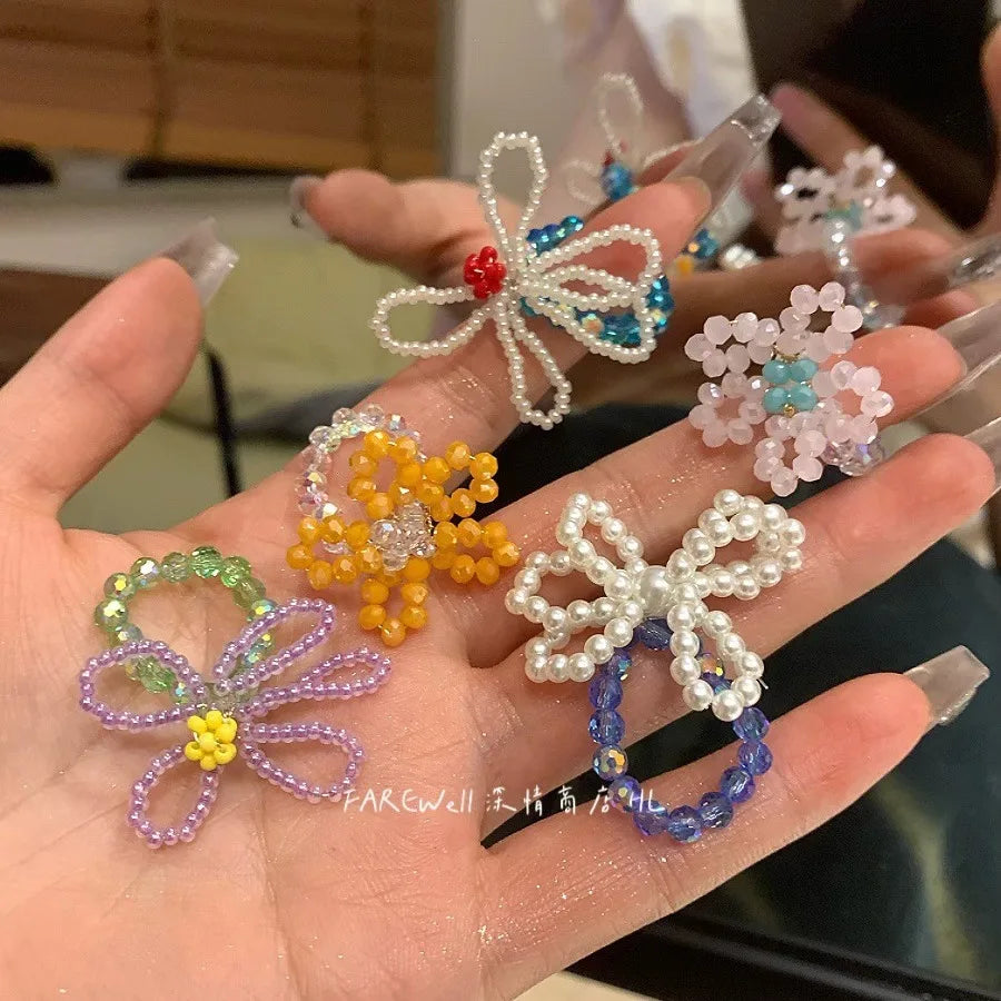 New Arrivals Creative Handmade Bead Weaving Hollow Flower Ring Sweet Girl Bead Elastic Ring