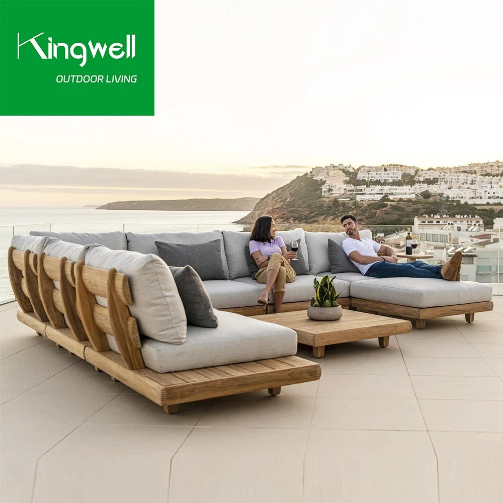 European Modern Outdoor Waterproof Teak Wood Furniture L Shape Patio Sectional Sofa with Coffee Table for Courtyard Hotels