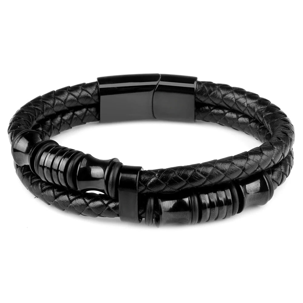 Men Stainless Steel Clasp Charm Double Leather Bracelet