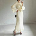 2024 New Fashion Solid Color Flared Long Sleeve Pleated Dresses Women Casual Dress