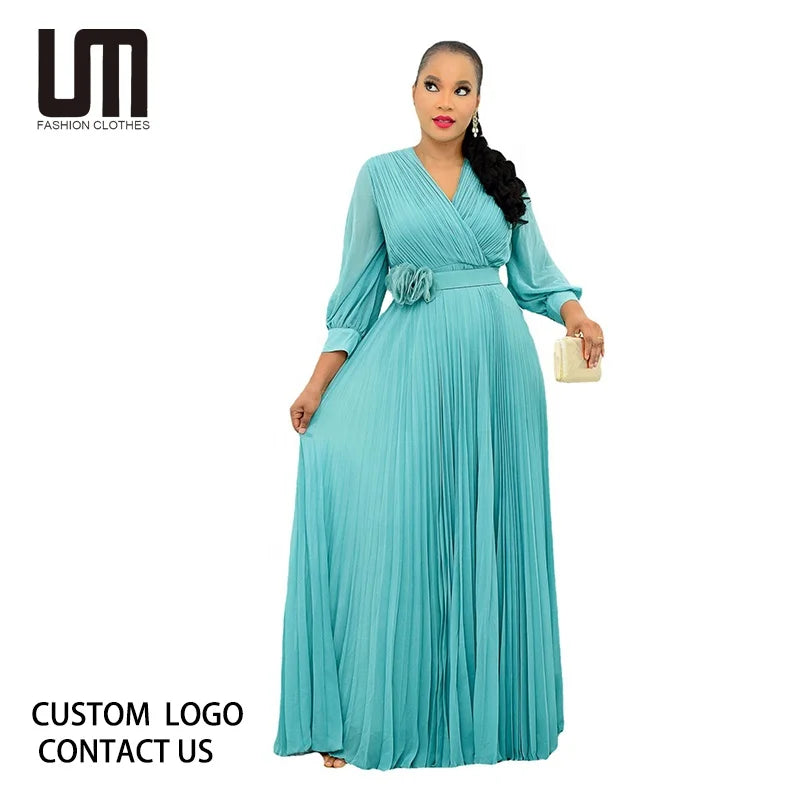 Liu Ming Women's Office Lady Pleated Maxi Dress Solid Pattern African Fashion Streetwear Digital Printing Zipper Hot Product