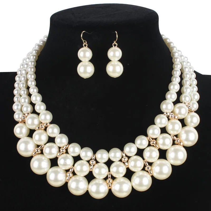 Europe and America Exaggerated Fashion Imitation Pearl Multi-layer Pearl Necklace Earrings Set
