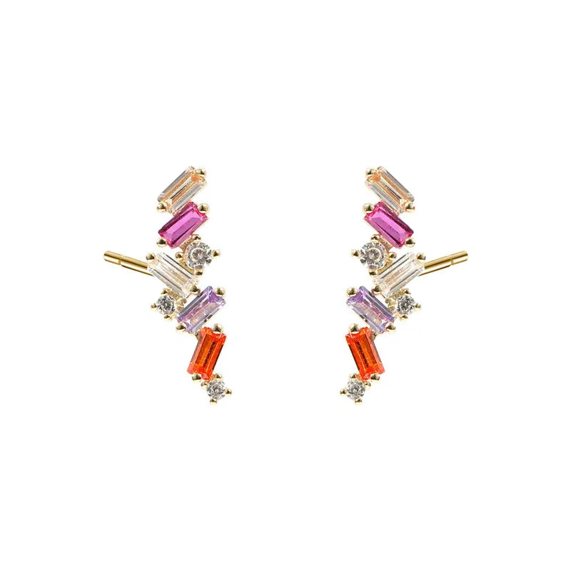 925 Sterling Silver Gold Plated Rainbow CZ baguette Diamond Earring Stud Jewelry