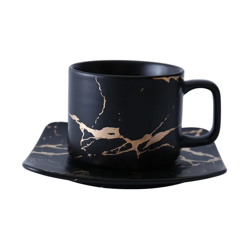Marble Pattern Golden Matte 280ml White Black Square Dish Coffee Tea Cup Set