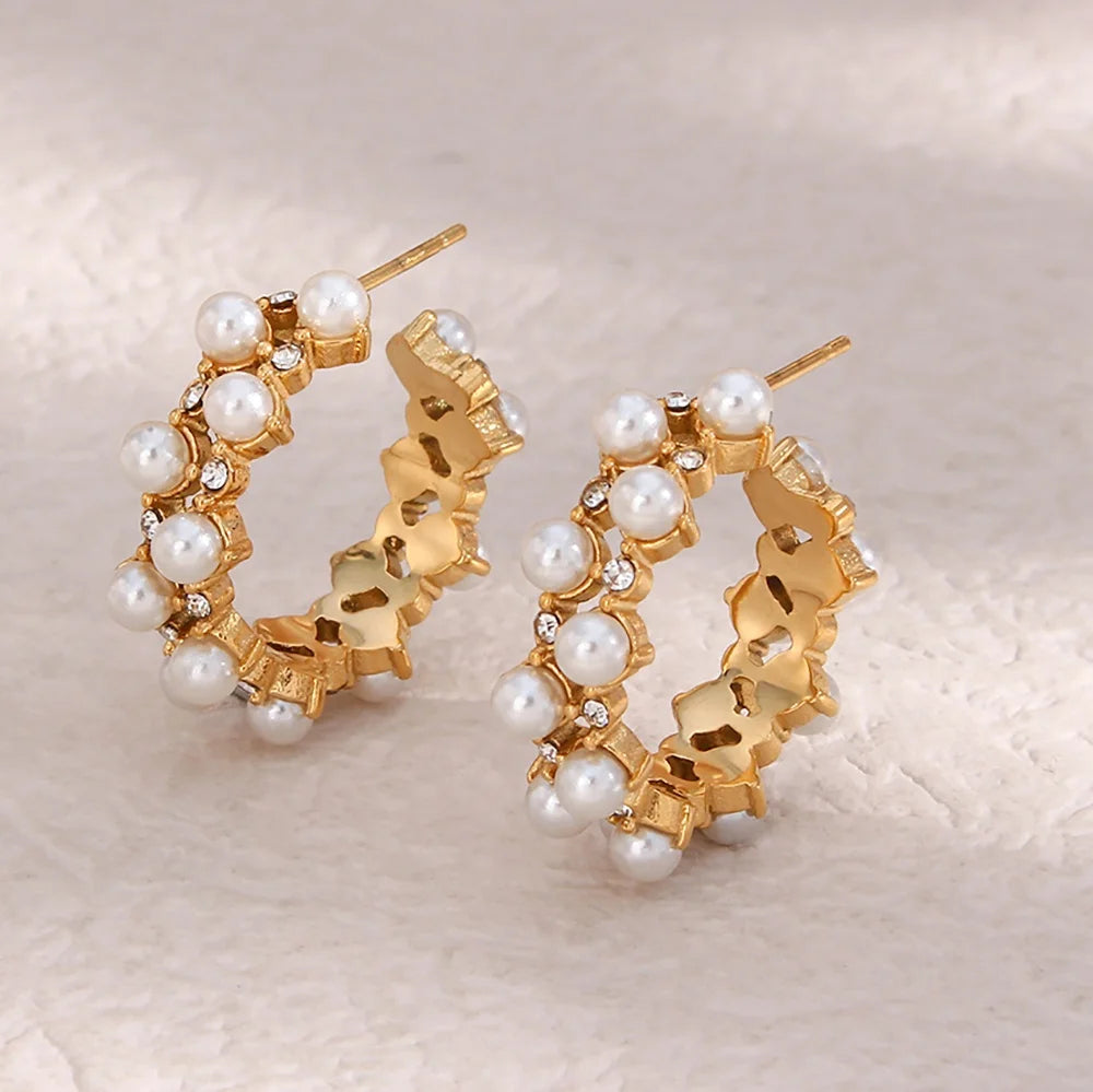 Guarantee Dreamshow Exaggerated Hollow Out Fresh Water Pearl Hoop Earrings 18K Gold Plated Stainless Steel Zircon Earrings