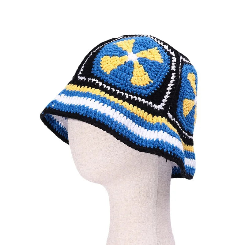 Multicolor Block Crochet Fisherman Hats Handmade Sunflower Bucket Hat for Fishing Casual Party Fashionable Multicolor Beanies