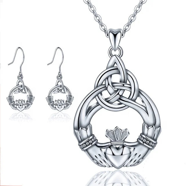 Fashion Claddagh Design Zirconia 925 Sterling Silver Celtic Heart Earring Necklace Wedding Bridal Jewelry Sets Women