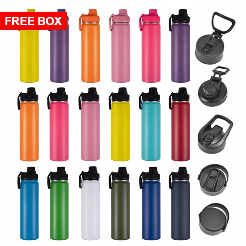 Various Lids 750ml Personalized logo Gym School Hot Drinking Double Wall Vacuum Metal Thermo Bottle Water With Straw Mouth Flask