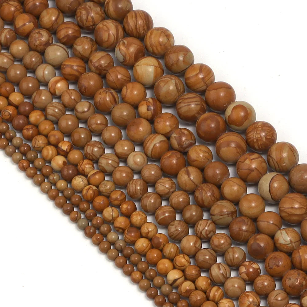 Natural Stone Yellow Wood Grain Loose Round Beads Straight Hole Necklace Bracelet Jewelry Making Semi-finished Beads Strands