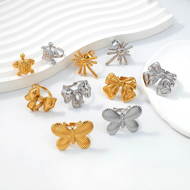 Fashion Stainless Steel Wholesale Jewelry Gold Plated Butterfly Bowknot Sea Turtle Star Accessories Open Adjustable Ring Woman