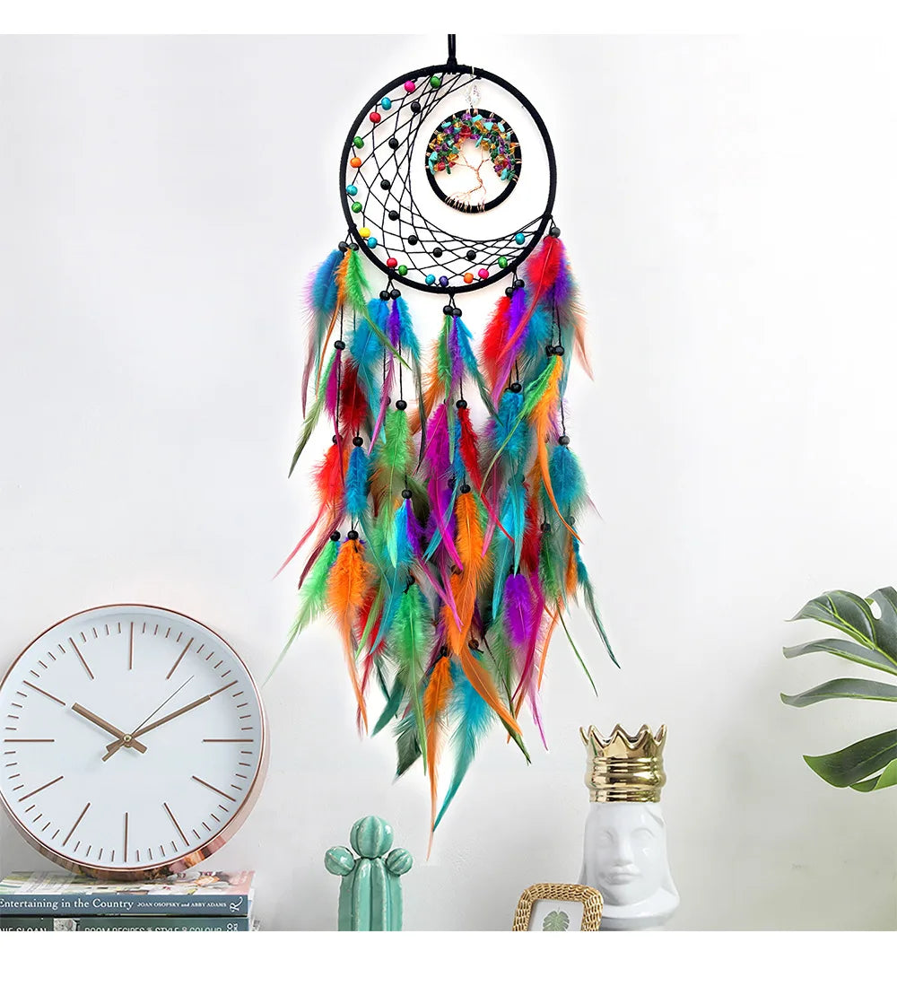 Handmade Tree of Life with Feathers Traditional Circular Net for Wall Hanging Decoration Dream Catcher
