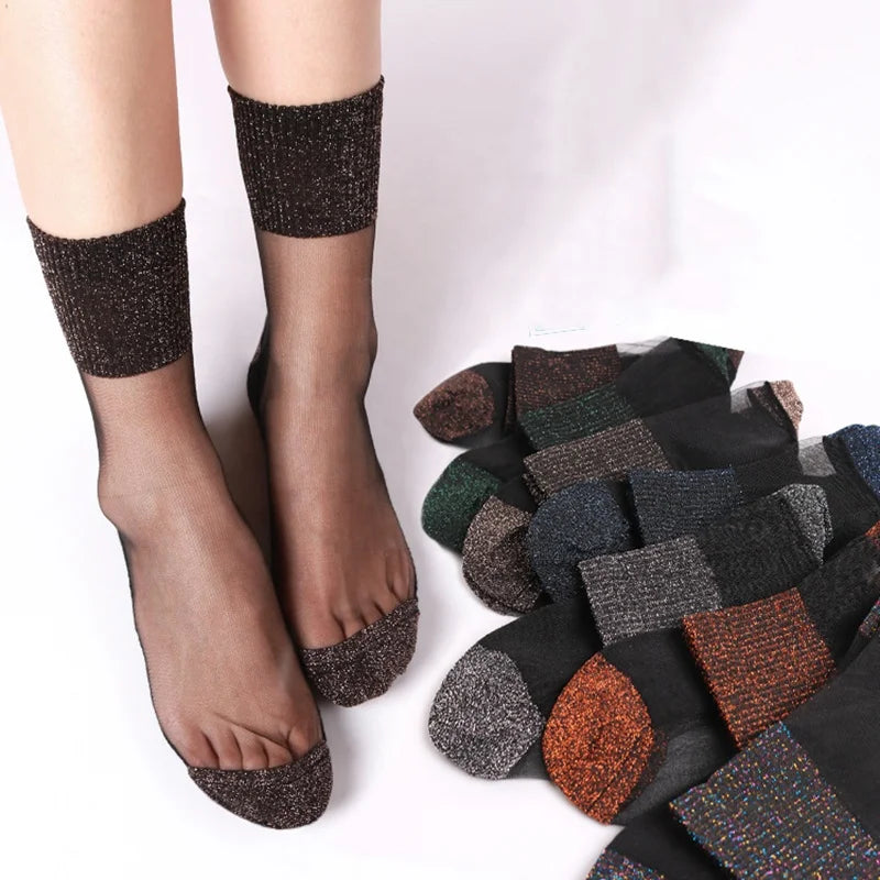 Wholesale Summer Thin Mesh Sheer Socks Female Fashion Glitter Transparent Crew Socks for Women