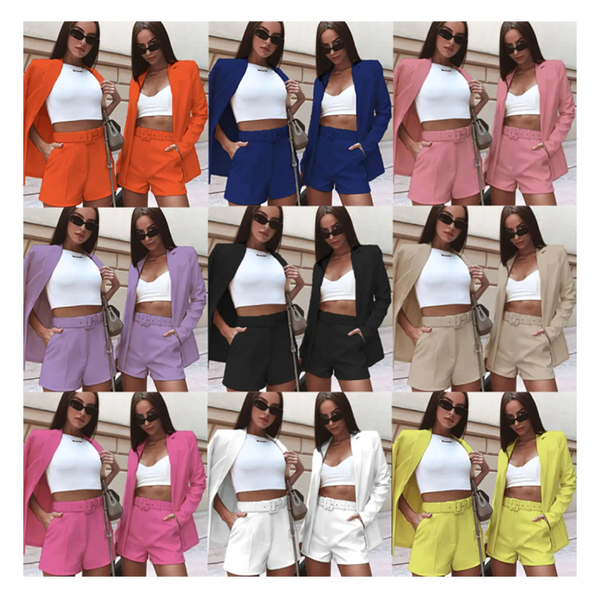 S-3XL New Arrivals 2026 Plus Size Women's Clothing Blank Long Sleeve Jacket Two Piece Short Set Women Business Suit With Belt