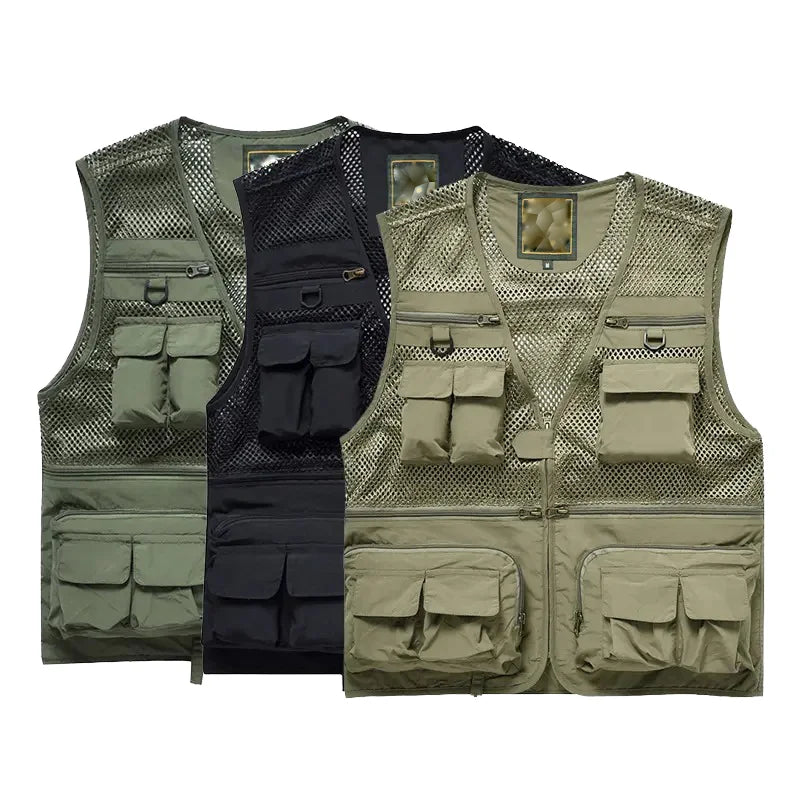 Custom Multi Pockets Men's Mesh Breathable Openwork Cargo Vest for Outdoor Fishing Work Safari Travel Photographer