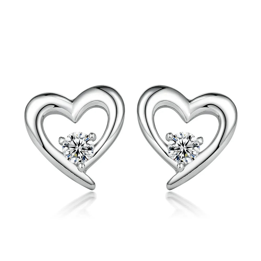 Classic Heart Studs Jewelry Women Round Cut CZ Non Fade 925 Silver Earrings
