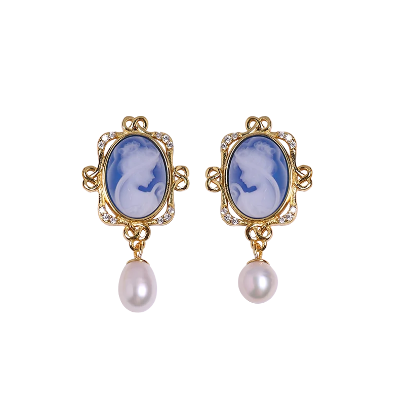 Non Tarnish Jewelry 18k Gold Plated Hypoallergenic S925 Silver Lady Portrait Agate Cameo Baroque Pearl Dangle Earrings for Women