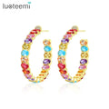 LUOTEEMI Fashion Hoop Earrings Cubic Colored 18K Gold Plating Clip on Rainbow CZ Big Hoop Earrings