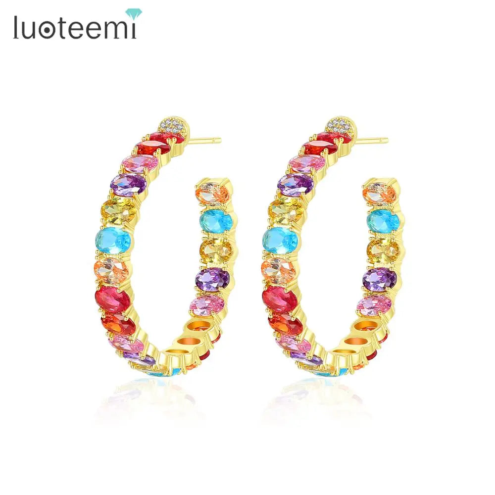 LUOTEEMI Fashion Hoop Earrings Cubic Colored 18K Gold Plating Clip on Rainbow CZ Big Hoop Earrings