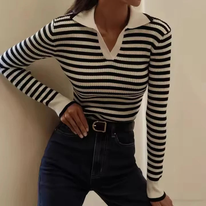 Custom Collar Button up Ladies Polyester Women'S Knitwear Sweater Loose Stripe V Neck Knitwear Knitted Polo Pullover Shirt