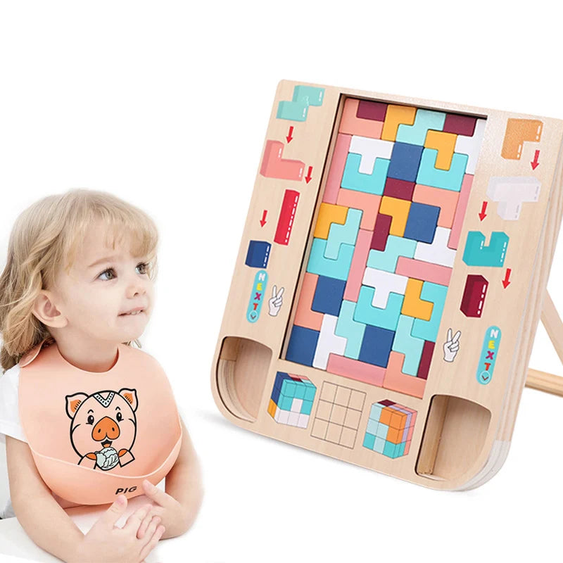Children's Classic Wooden 3D Parent-Child Interactive Double Colorful Geometric Building Block Jigsaw Puzzle Game