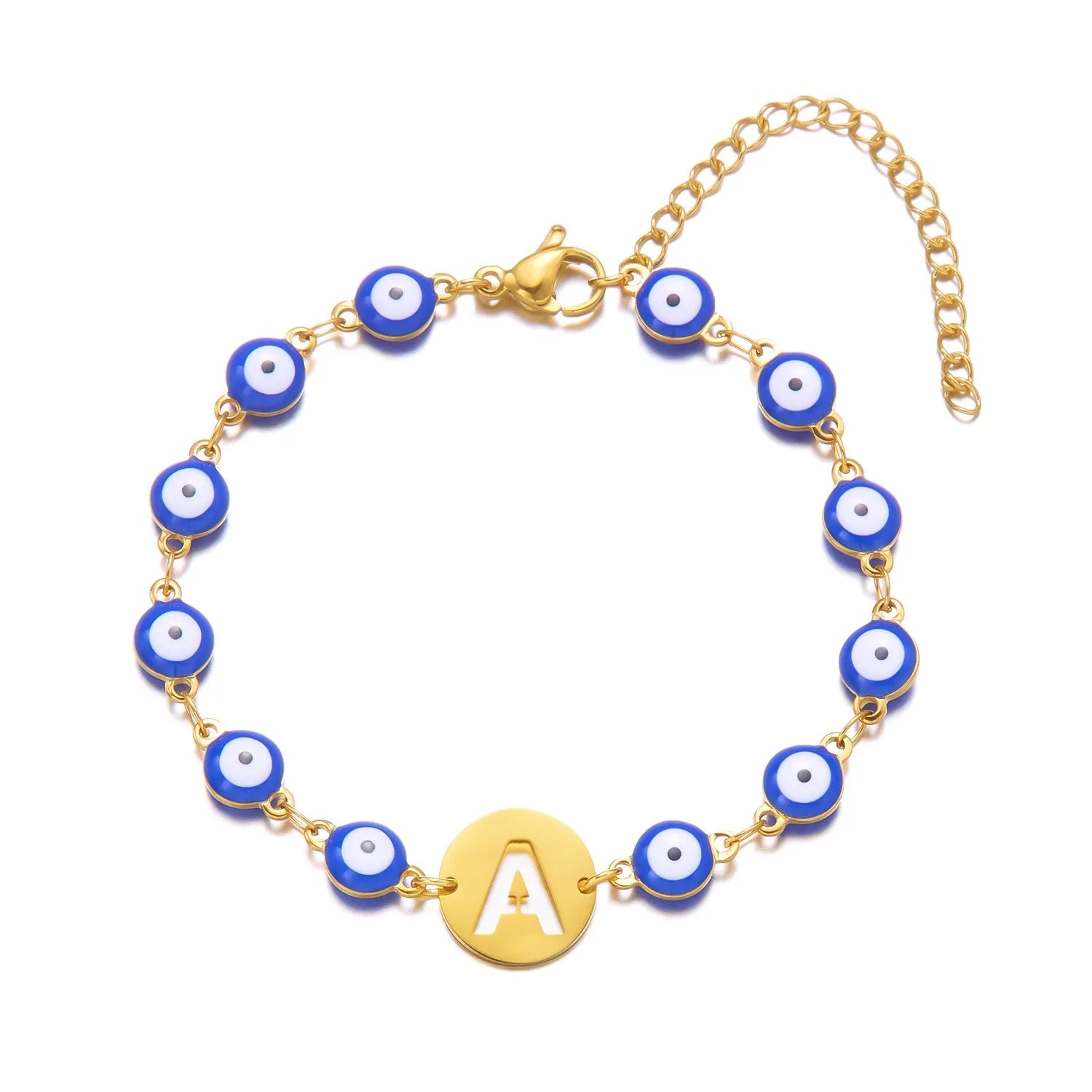 Bohemian Style Stainless Steel Hollow Gold 26 Letter A-Z Alphabet Lucky Turkey Blue Evil Eye Bracelet for Men