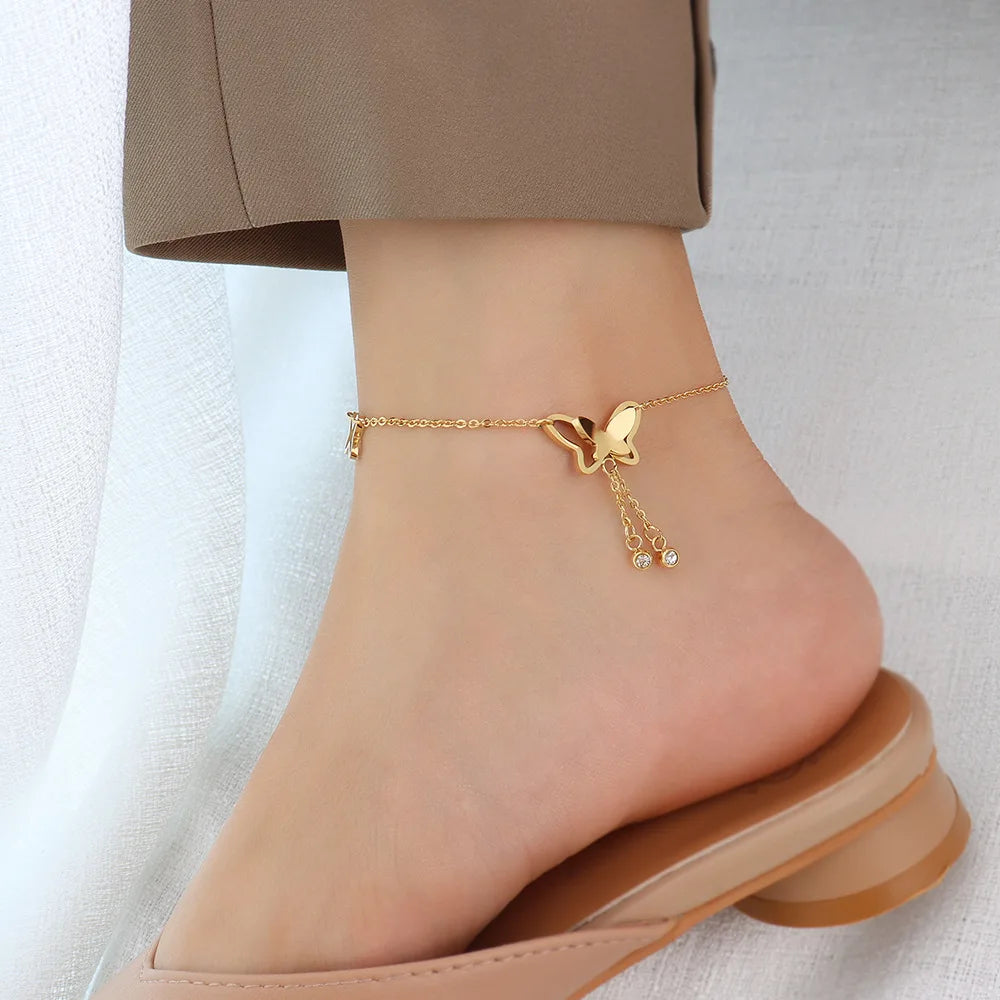 Waterproof 18K Gold PVD Plated Butterfly Zircon Anklet Adjustable Foot Chain Summer Stainless Steel Jewelry Butterfly Anklets