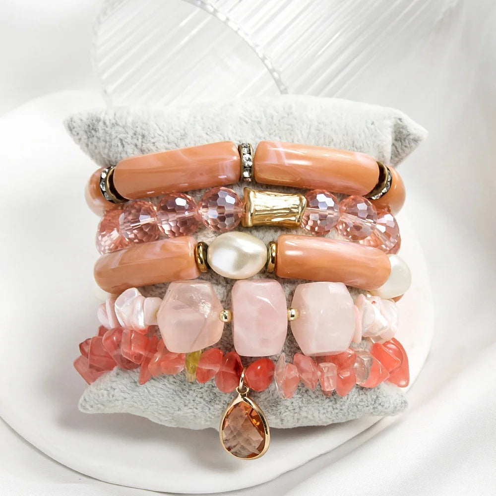 New Boho Thick Acrylic Pipe Jewelry Elastic Natural Stone Crystal Glass Shell Bracelet Drop Flower Pendant Stack Bracelets Sets