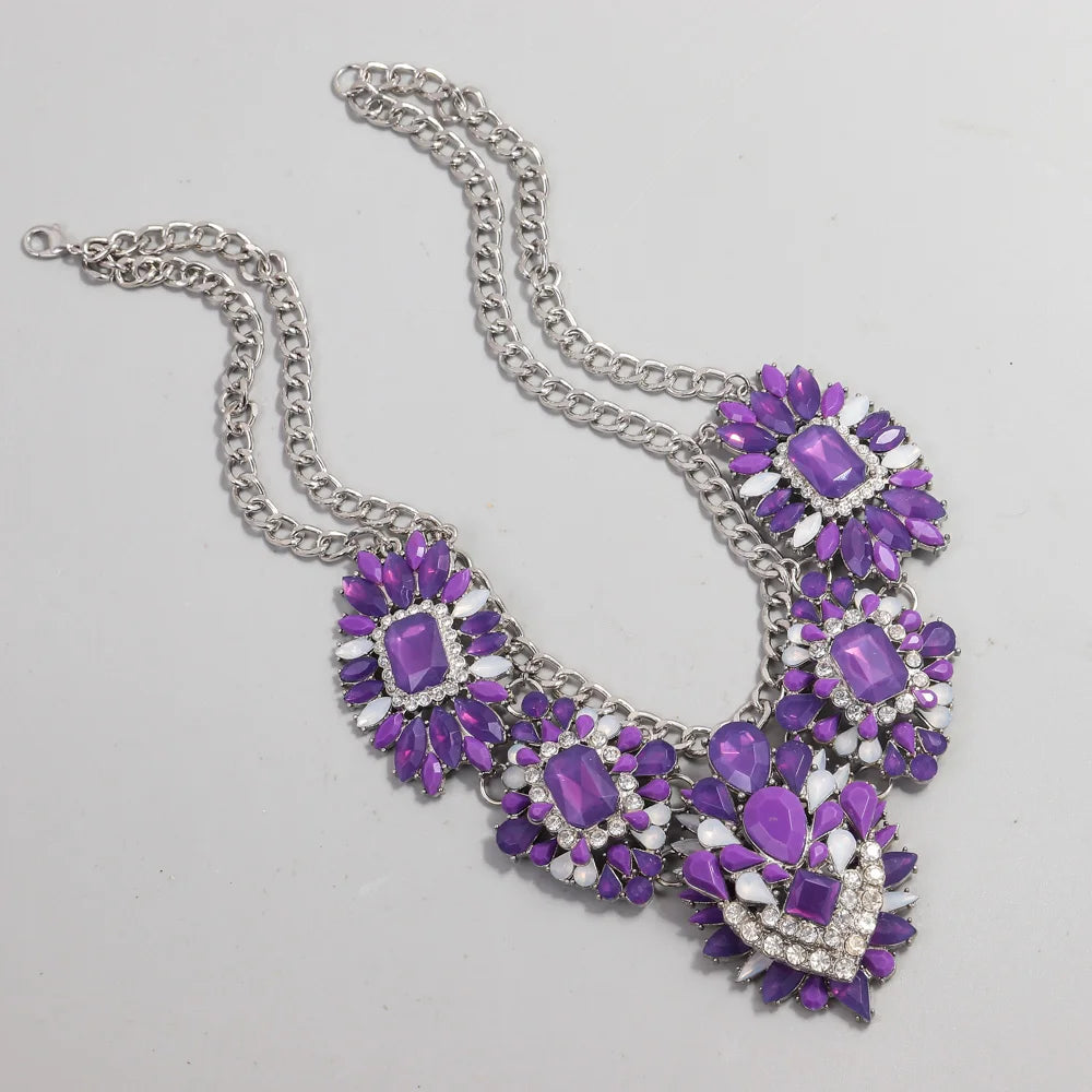 Luxury 2024 Purple Crystal Rhinestone Necklace Wedding Engagement Geometric Chunky Flower Statement Necklace for Women