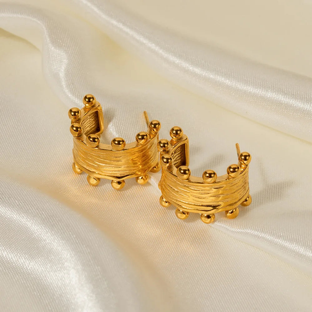 New INS Stainless Steel 18K Gold Plated Raina Ring Earrings Gift Wide Texture Statement Crown Bangles Set